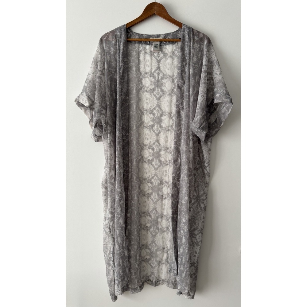 Rachel Zoe Kimono Open Duster Swim Cover Up Top Sheer Gray Snake Skin One Size
